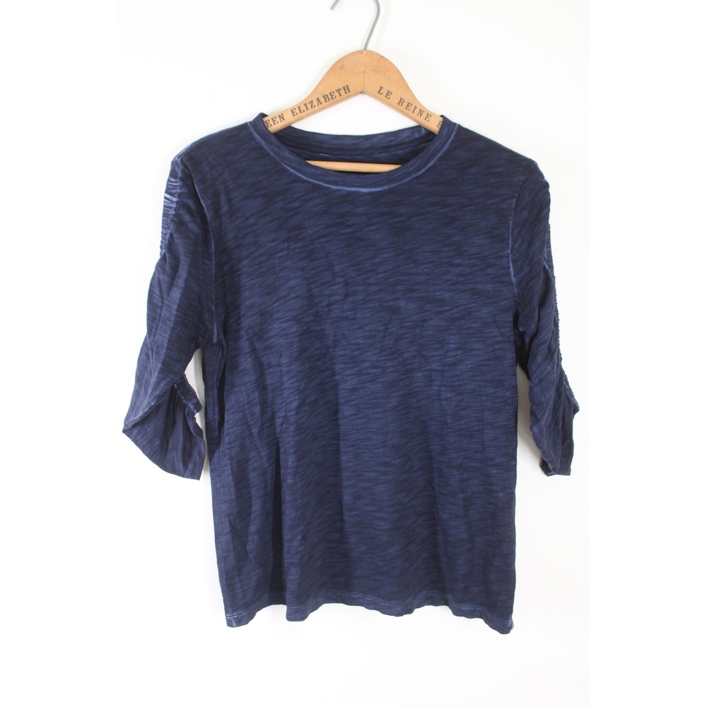 Elliott Lauren XS Navy Blue 3/4 Ruched Sleeve Slub Knit Crew Neck Top